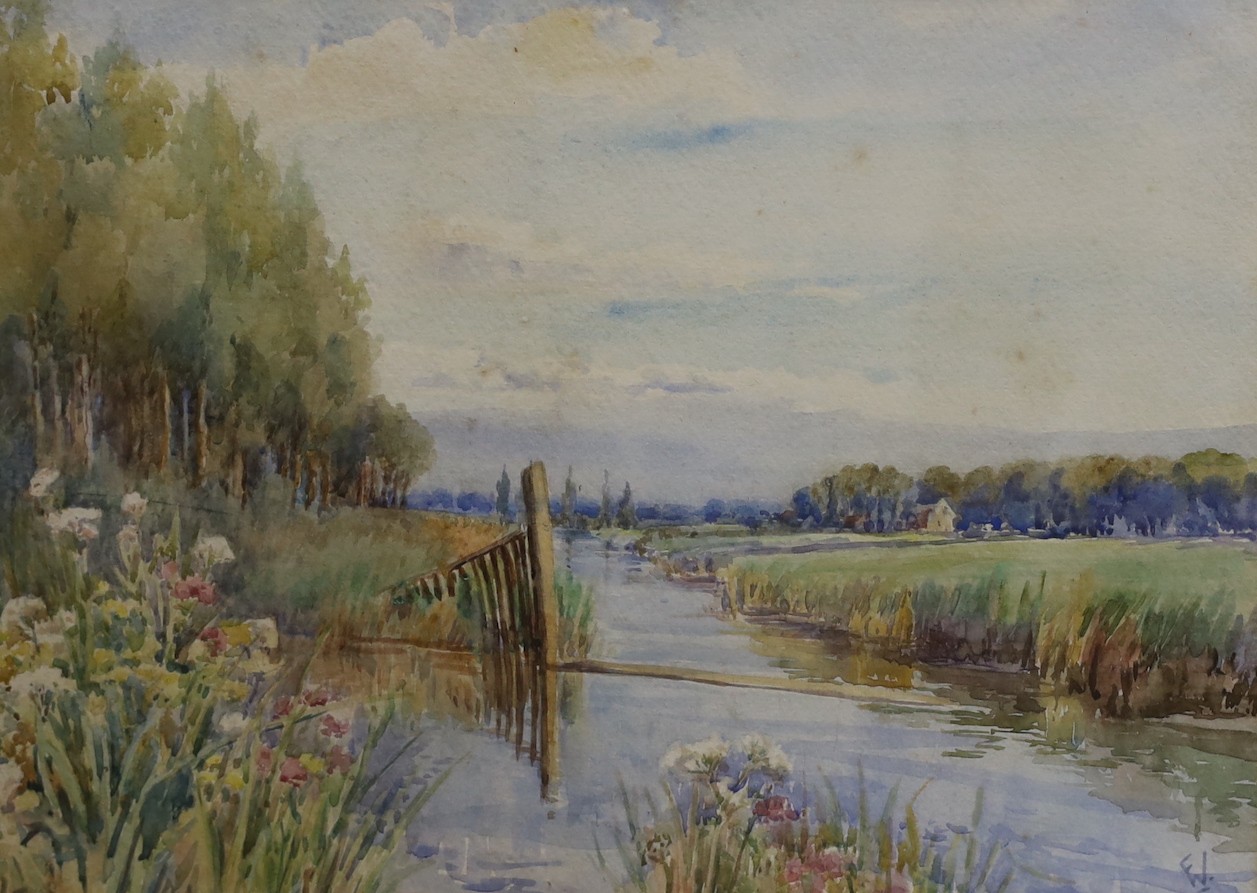 F.W., 20th century, pair of rural floral watercolours, monogrammed, 27 x 37cm
